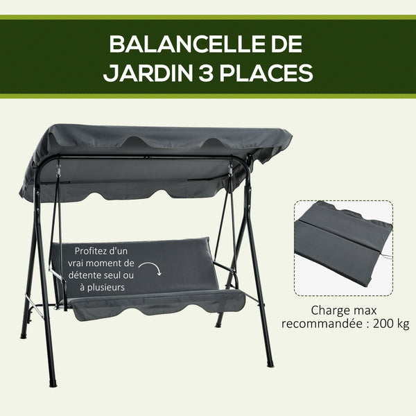 Balancelle de Jardin 3 Places Toit Inclinaison réglable Coussins Assise et Dossier 1,72L x 1,1l x 1,53H m Acier Noir Polyester Gris
