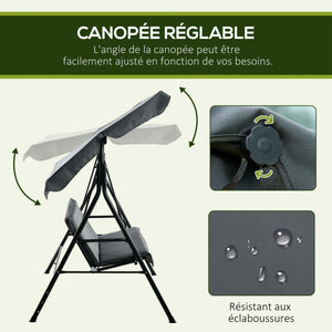 Balancelle de Jardin 3 Places Toit Inclinaison réglable Coussins Assise et Dossier 1,72L x 1,1l x 1,53H m Acier Noir Polyester Gris