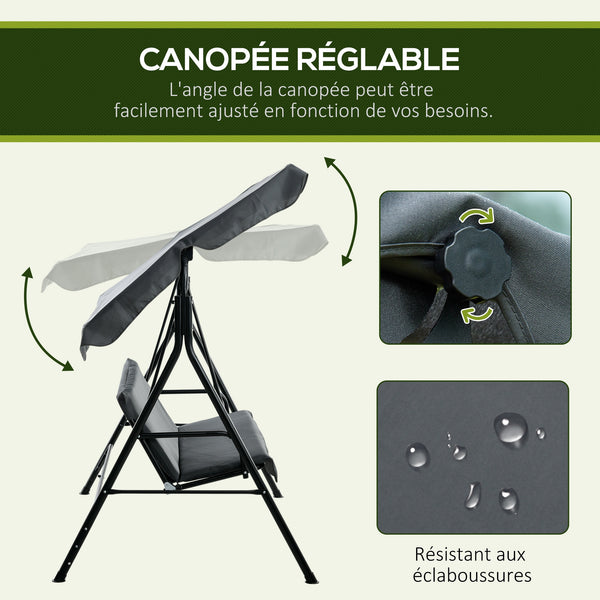 Balancelle de Jardin 3 Places Toit Inclinaison réglable Coussins Assise et Dossier 1,72L x 1,1l x 1,53H m Acier Noir Polyester Gris