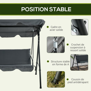 Balancelle de Jardin 3 Places Toit Inclinaison réglable Coussins Assise et Dossier 1,72L x 1,1l x 1,53H m Acier Noir Polyester Gris