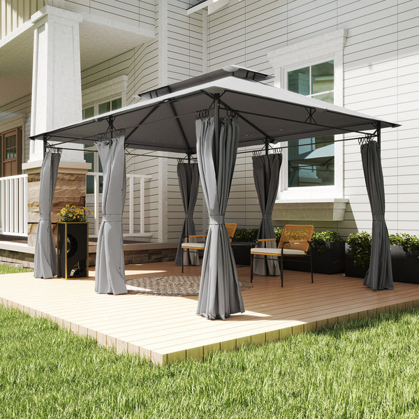 Gazebo de jardin 3x4 m avec rideaux amovibles, toit double et 12 trous de drainage, gazebo d'extérieur en métal et polyester, pour jardin, balcon, fêtes, camping, gris foncé
