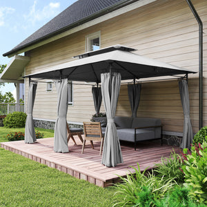Gazebo de jardin 3x4 m avec rideaux amovibles, toit double et 12 trous de drainage, gazebo d'extérieur en métal et polyester, pour jardin, balcon, fêtes, camping, gris foncé
