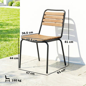 Lot de 2 Chaises de Jardin Empilables, Assise et Dossier en Bois Massif à Lattes, Structure en Acier, Chaises d'Extérieur pour Terrasse Balcon Bistro, 61x47x81cm, Naturel