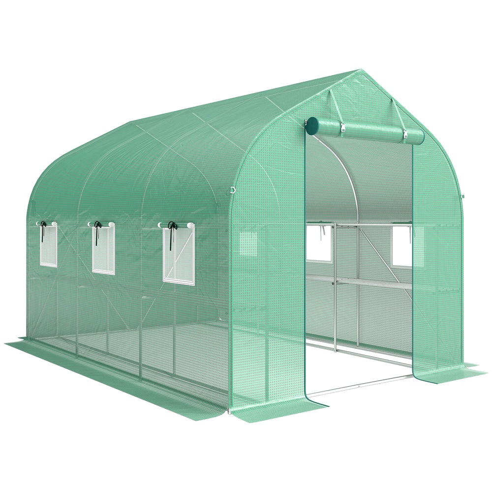 Serre tunnel de jardin 6m², serre de jardin avec étagères, 198x293x194cm, cadre en acier galvanisé, porte et 6 fenêtres, pour extérieur, toutes saisons, bâche PE haute densité 140 g/m², vert