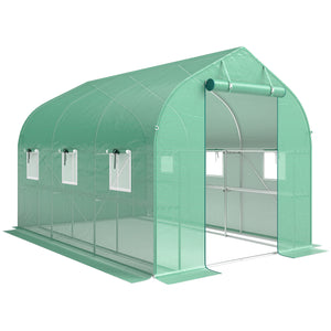Serre tunnel de jardin 6m², serre de jardin avec étagères, 198x293x194cm, cadre en acier galvanisé, porte et 6 fenêtres, pour extérieur, toutes saisons, bâche PE haute densité 140 g/m², vert