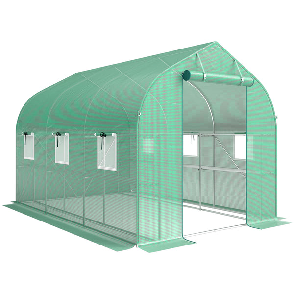 Serre tunnel de jardin 6m², serre de jardin avec étagères, 198x293x194cm, cadre en acier galvanisé, porte et 6 fenêtres, pour extérieur, toutes saisons, bâche PE haute densité 140 g/m², vert
