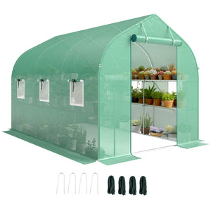 Serre tunnel de jardin 6m², serre de jardin avec étagères, 198x293x194cm, cadre en acier galvanisé, porte et 6 fenêtres, pour extérieur, toutes saisons, bâche PE haute densité 140 g/m², vert