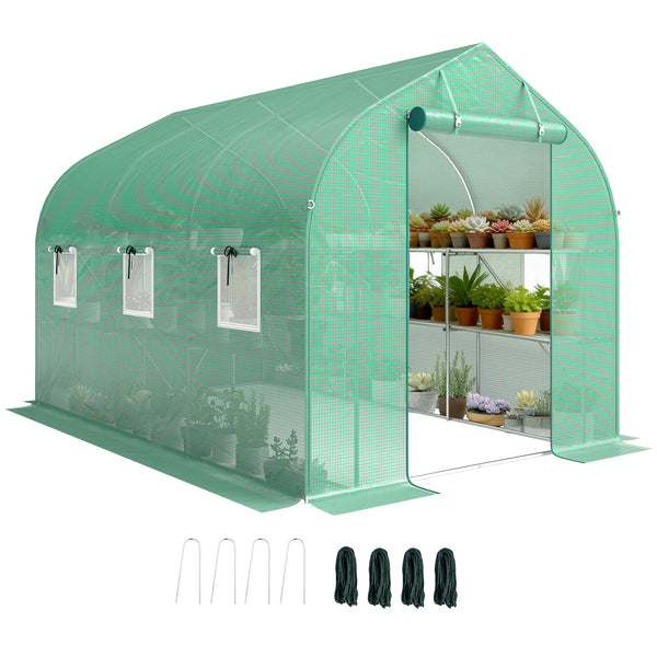 Serre tunnel de jardin 6m², serre de jardin avec étagères, 198x293x194cm, cadre en acier galvanisé, porte et 6 fenêtres, pour extérieur, toutes saisons, bâche PE haute densité 140 g/m², vert