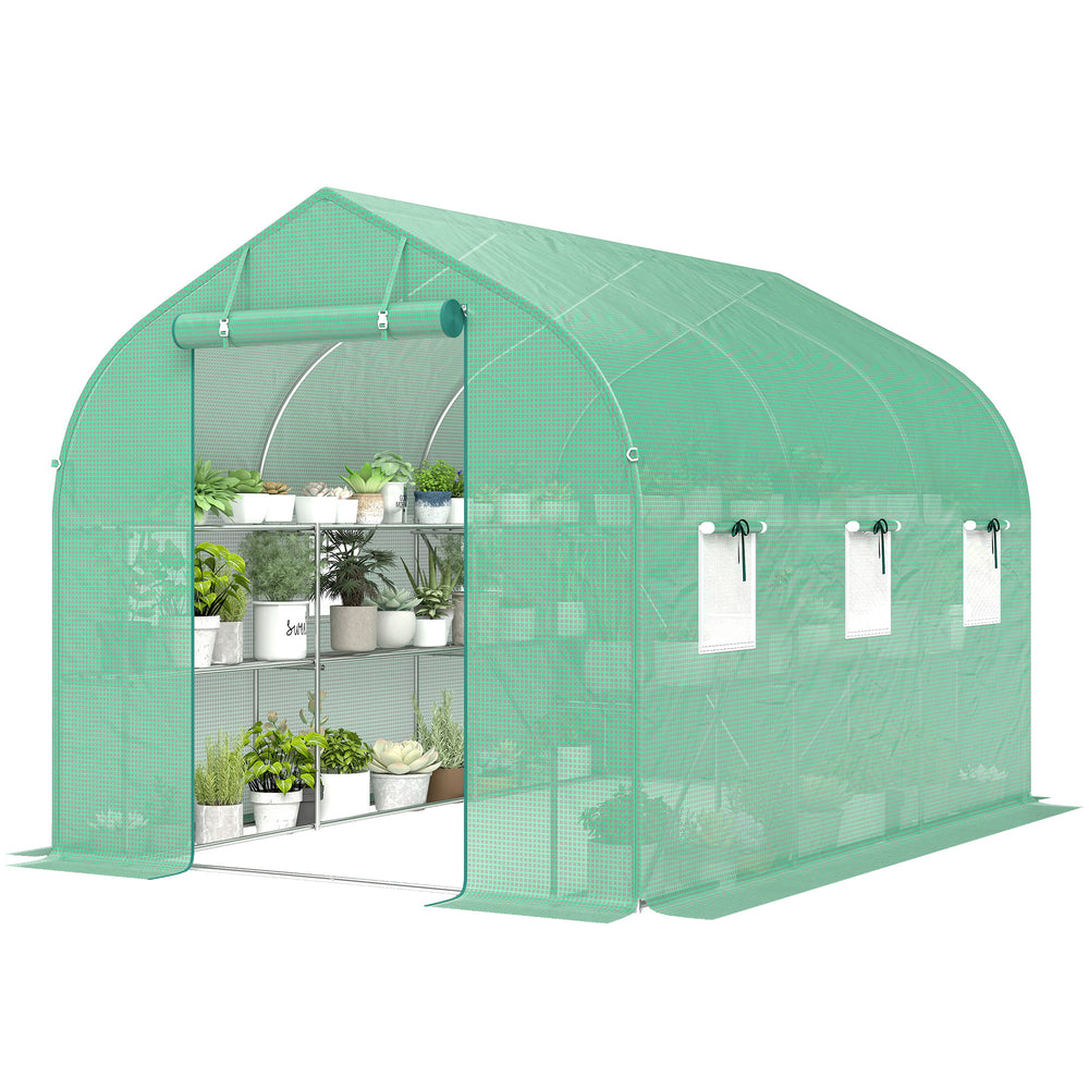 Serre tunnel de jardin 6m², serre de jardin avec étagères, 198x293x194cm, cadre en acier galvanisé, porte et 6 fenêtres, pour extérieur, toutes saisons, bâche PE haute densité 140 g/m², vert