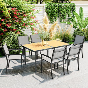 Table à manger de jardin pour 6 personnes, table de jardin avec plateau effet bois rectangulaire en acier anti-rouille pour patio, terrasse, 150 x 90 x 72 cm, bois naturel
