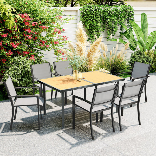 Table à manger de jardin pour 6 personnes, table de jardin avec plateau effet bois rectangulaire en acier anti-rouille pour patio, terrasse, 150 x 90 x 72 cm, bois naturel