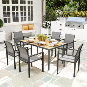 Table à manger de jardin pour 6 personnes, table de jardin avec plateau effet bois rectangulaire en acier anti-rouille pour patio, terrasse, 150 x 90 x 72 cm, bois naturel