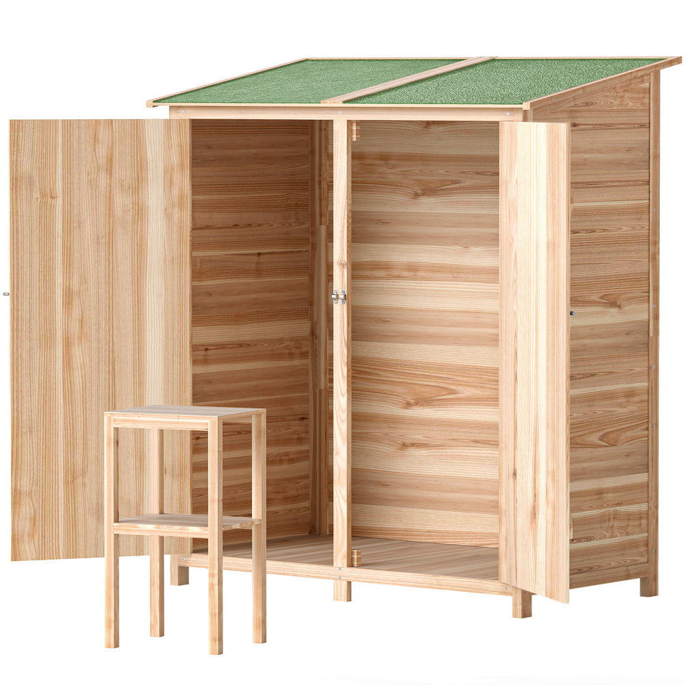 Armoire de jardin cabane à outils 140L x 75l x 157H cm 2 portes verrouillables tabouret de rangement toit en bitume imperméable bois de sapin pré-huilé