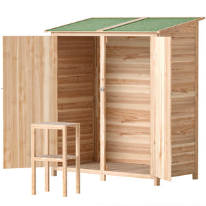 Armoire de jardin cabane à outils 140L x 75l x 157H cm 2 portes verrouillables tabouret de rangement toit en bitume imperméable bois de sapin pré-huilé