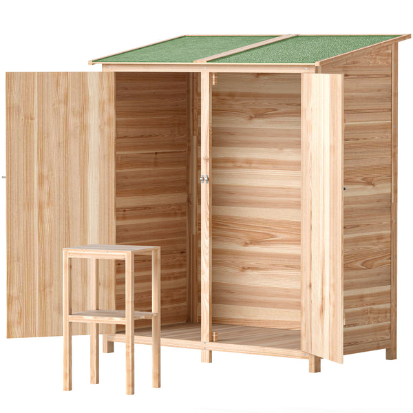 Armoire de jardin cabane à outils 140L x 75l x 157H cm 2 portes verrouillables tabouret de rangement toit en bitume imperméable bois de sapin pré-huilé