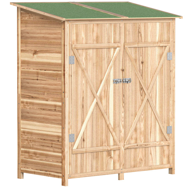 Armoire de jardin cabane à outils 140L x 75l x 157H cm 2 portes verrouillables tabouret de rangement toit en bitume imperméable bois de sapin pré-huilé
