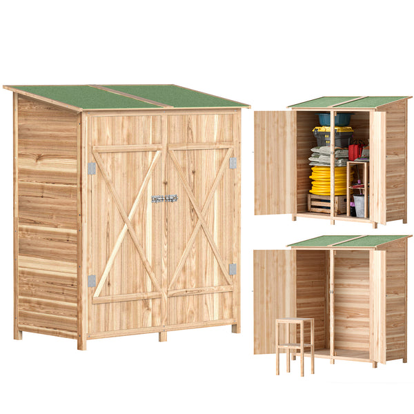 Armoire de jardin cabane à outils 140L x 75l x 157H cm 2 portes verrouillables tabouret de rangement toit en bitume imperméable bois de sapin pré-huilé