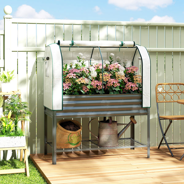 Potager sur Pieds surélevé avec bâche en PE, Jardinière Surélevée en Métal avec Serre, Volume 167L avec Doublure et Étagère Inférieure, pour Plantes Fleurs Légumes, 120x55x140cm, Gris Foncé