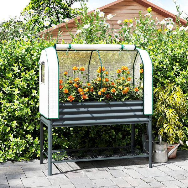 Potager sur Pieds surélevé avec bâche en PE, Jardinière Surélevée en Métal avec Serre, Volume 167L avec Doublure et Étagère Inférieure, pour Plantes Fleurs Légumes, 120x55x140cm, Gris Foncé