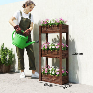Bac à Plantes Surélevé en Bois à 3 Niveaux, Jardinière sur Pieds avec Trous de Drainage et Doublure, Bac de Jardin Élevé pour Légumes, Herbes, Fleurs, 60 x 25 x 120 cm, Marron