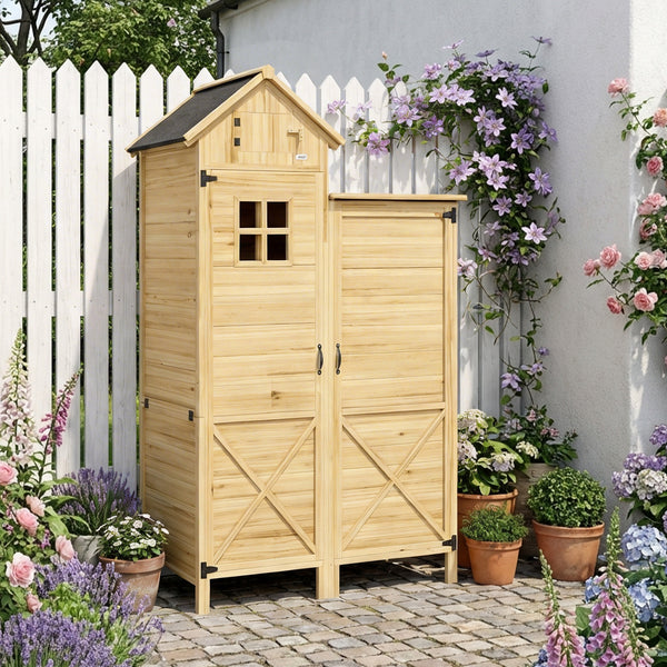 Armoire de Jardin en Bois avec Toit en Asphalte - Abri de Jardin Robuste à Double Zone et Étagères Amovibles - Rangement Outils Jardin avec Fenêtre pour Terrasse et Cour, Naturel