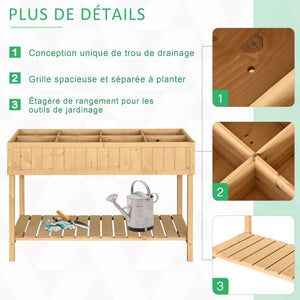 Jardinière sur Pieds carré Potager avec étagère dim. 110L x 46l x 76H cm 8 Compartiments & Inserts d'irrigation Bois de Sapin