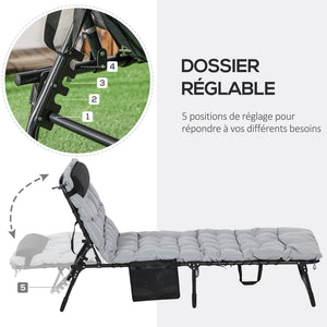 Bain de soleil, chaise longue pliante avec coussin, appuie-tête, poche latérale, textilène, transat jardin extérieur inclinable de plage camping piscine terrasse 58 x 189 x 32,5 cm gris clair