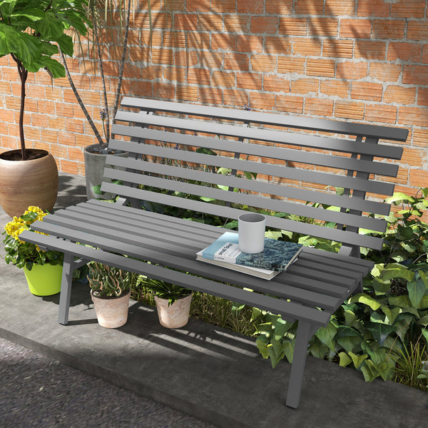 Banc de jardin banquette extérieur 2 Places Assise Dossier à Lattes, en aluminium, dim. 123L x 67l x 79H cm, gris
