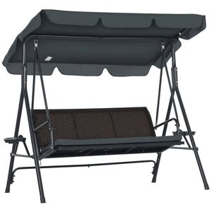 Balancelle de jardin 3 places toit inclinaison réglable avec porte-gobelets plateaux coussin assise dossier ergonomique en résine tressée PE cadre en acier et polyester gris foncé et marron