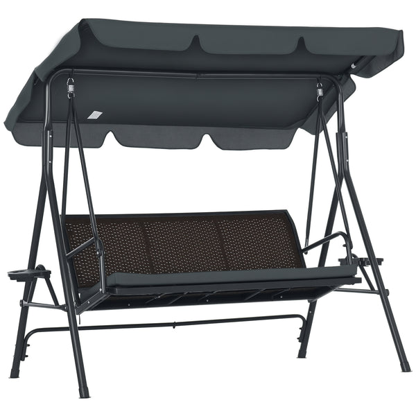 Balancelle de jardin 3 places toit inclinaison réglable avec porte-gobelets plateaux coussin assise dossier ergonomique en résine tressée PE cadre en acier et polyester gris foncé et marron
