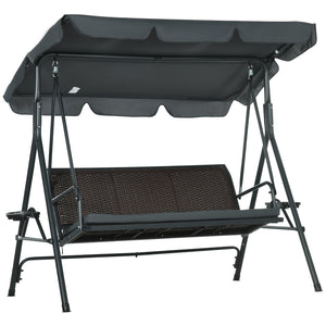 Balancelle de jardin 3 places toit inclinaison réglable avec porte-gobelets plateaux coussin assise dossier ergonomique en résine tressée PE cadre en acier et polyester gris foncé et marron