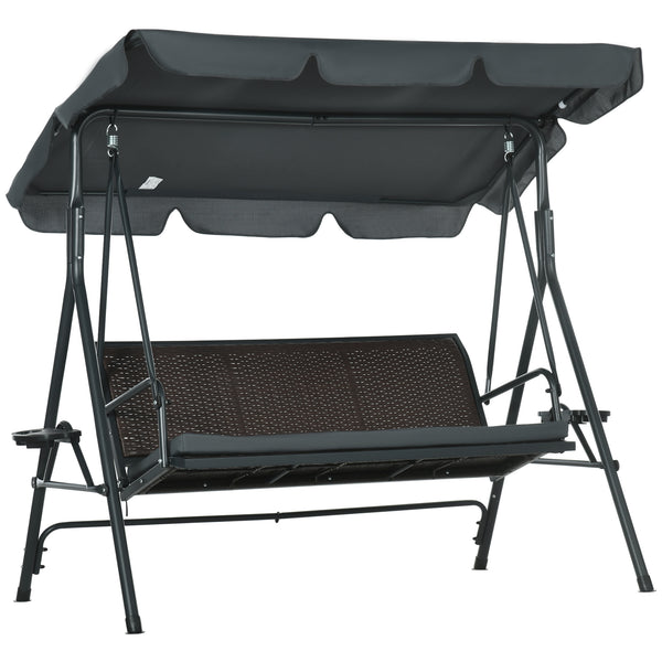 Balancelle de jardin 3 places toit inclinaison réglable avec porte-gobelets plateaux coussin assise dossier ergonomique en résine tressée PE cadre en acier et polyester gris foncé et marron