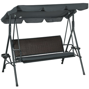 Balancelle de jardin 3 places toit inclinaison réglable avec porte-gobelets plateaux coussin assise dossier ergonomique en résine tressée PE cadre en acier et polyester gris foncé et marron