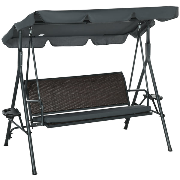 Balancelle de jardin 3 places toit inclinaison réglable avec porte-gobelets plateaux coussin assise dossier ergonomique en résine tressée PE cadre en acier et polyester gris foncé et marron