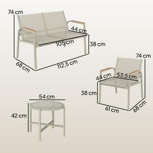 Salon de Jardin 4 Pièces en Textilène, Ensemble de Terrasse avec Canapé 2 Places, 2 Fauteuils et Table Basse en Verre Trempé, Mobilier de Jardin pour Balcon ou Piscine, Vert