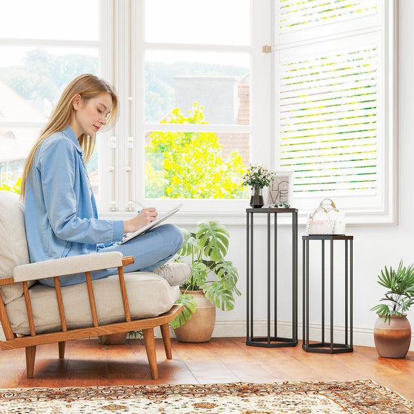 Lot de 2 supports pour plantes, tabouret à fleurs hexagonal, porte-plante haut en métal, support pot de fleur intérieur et extérieur, pour jardin, balcon, maison, noir