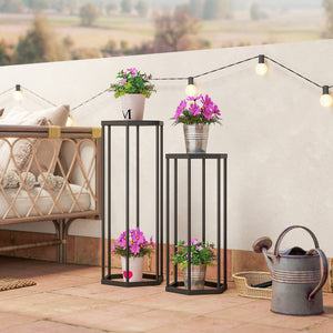 Lot de 2 supports pour plantes, tabouret à fleurs hexagonal, porte-plante haut en métal, support pot de fleur intérieur et extérieur, pour jardin, balcon, maison, noir