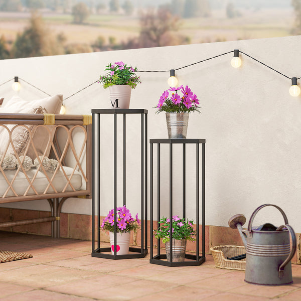 Lot de 2 supports pour plantes, tabouret à fleurs hexagonal, porte-plante haut en métal, support pot de fleur intérieur et extérieur, pour jardin, balcon, maison, noir