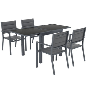 Salon de jardin extérieur en aluminium et textilène table extensible 4 chaises empilables - 4 personnes - dim. table 80/160L x 80l x 75H cm gris