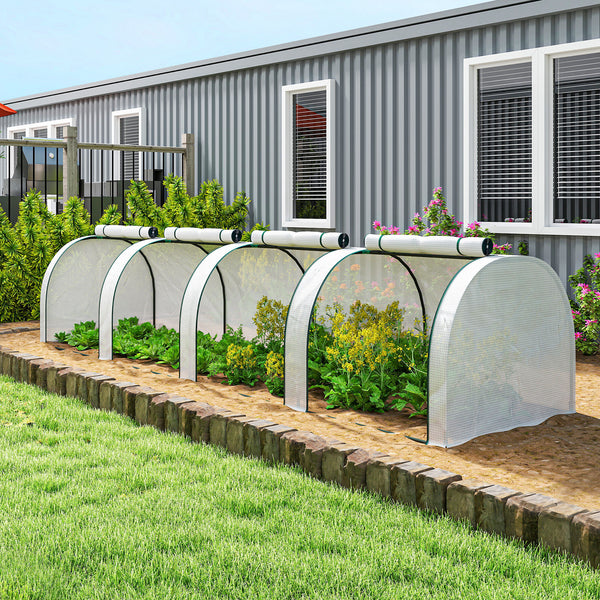 Mini Serre de Jardin Mini Serre Tunnel Serre à Tomates 4 x 1 x 0,8 m Acier Plastique Haute Densité Anti-UV 4 Portes avec Zip Enroulables Blanc