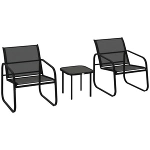Ensemble bistrot de jardin 3 pièces, salon de jardin extérieur 2 personnes avec 2 chaises en maille et table basse en verre trempé, mobilier de jardin, terrasse, balcon, véranda, noir