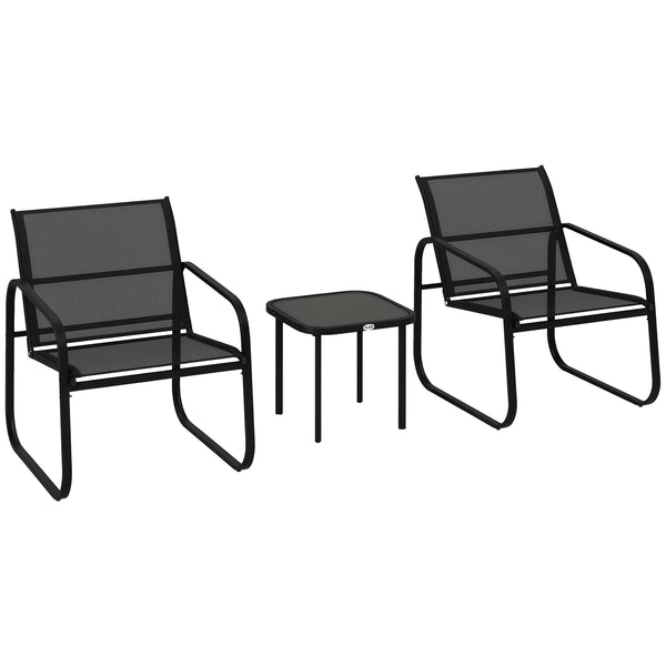 Ensemble bistrot de jardin 3 pièces, salon de jardin extérieur 2 personnes avec 2 chaises en maille et table basse en verre trempé, mobilier de jardin, terrasse, balcon, véranda, noir