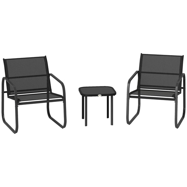 Ensemble bistrot de jardin 3 pièces, salon de jardin extérieur 2 personnes avec 2 chaises en maille et table basse en verre trempé, mobilier de jardin, terrasse, balcon, véranda, noir