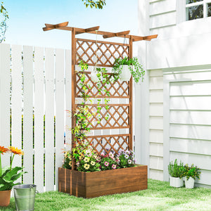 Jardinière Surélevée avec treillis et Barres de Toit, bac à fleurs, lit surélevé Trous de Drainage, tissu non tissé, pour plantes grimpantes, légumes, extérieur, bois massif, bois naturel