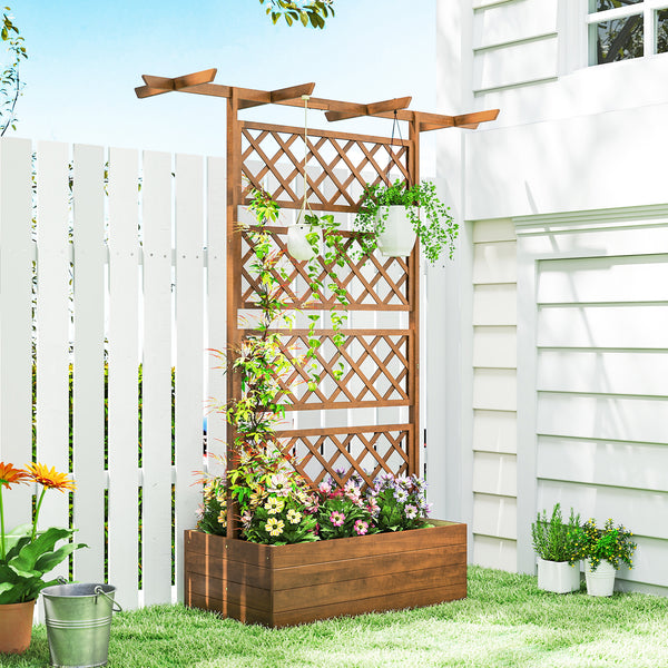 Jardinière Surélevée avec treillis et Barres de Toit, bac à fleurs, lit surélevé Trous de Drainage, tissu non tissé, pour plantes grimpantes, légumes, extérieur, bois massif, bois naturel