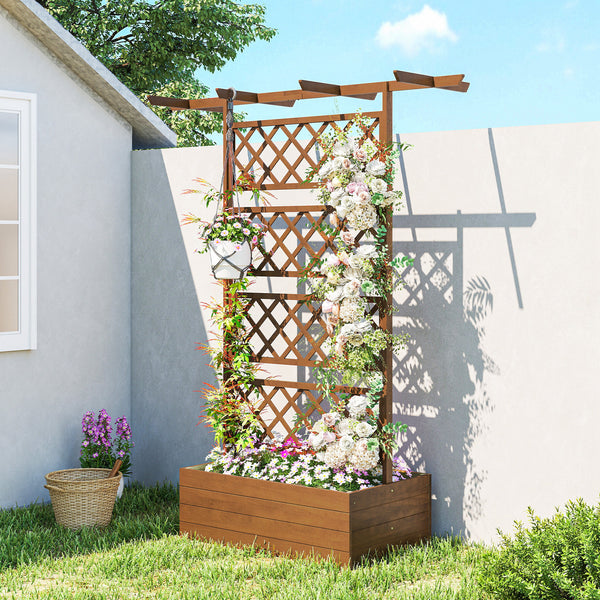 Jardinière Surélevée avec treillis et Barres de Toit, bac à fleurs, lit surélevé Trous de Drainage, tissu non tissé, pour plantes grimpantes, légumes, extérieur, bois massif, bois naturel