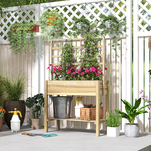 Jardinière sur pieds, carré potager de jardin sur pieds, avec treillis, trous de drainage et étagère inférieure, potager surélevé en bois pour fleurs, 88 x 37 x 137 cm, bois naturel