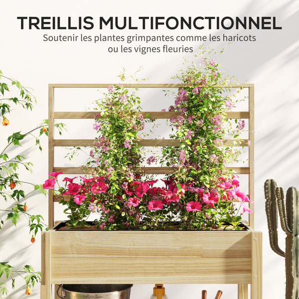 Jardinière sur pieds, carré potager de jardin sur pieds, avec treillis, trous de drainage et étagère inférieure, potager surélevé en bois pour fleurs, 88 x 37 x 137 cm, bois naturel