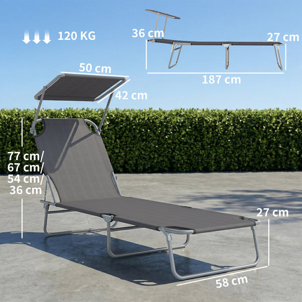 Transat Bain de Soleil Pliable Chaise Longue Pliante Grand Confort Dossier Inclinable Multi-positions et Pare-Soleil Réglable 187L x 58l x 36H cm Gris