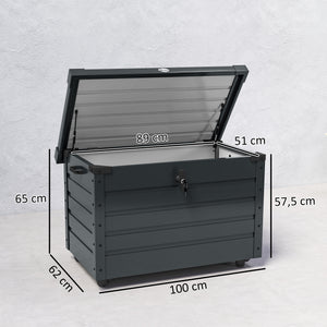 Coffre de rangement extérieur 295L coffre de jardin avec roulettes, vérin à gaz et poignée, en acier galvanisé, 100 x 62 x 65 cm, gris